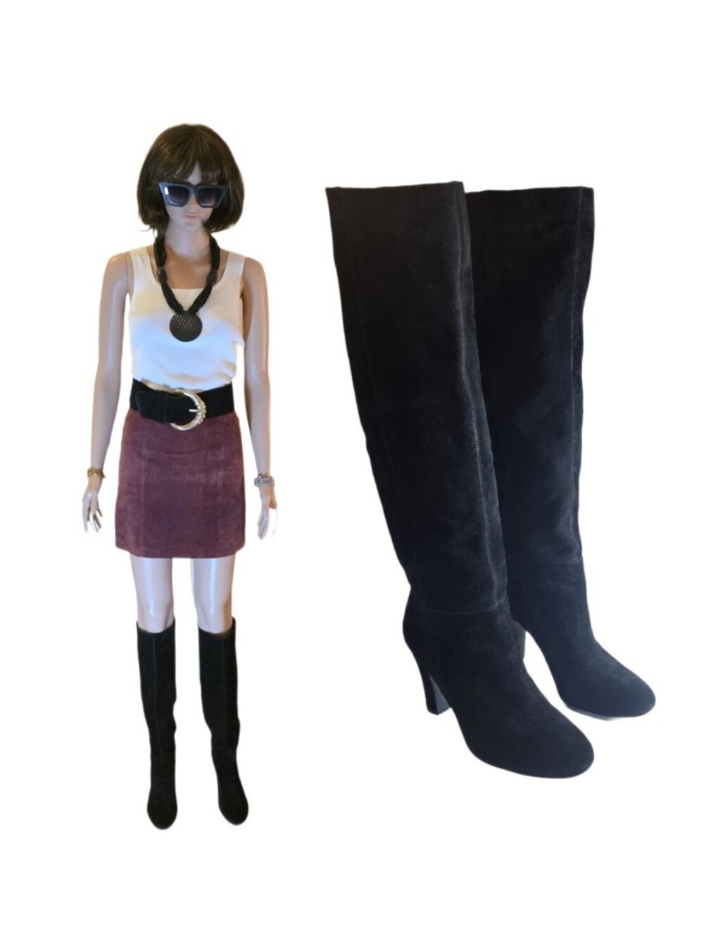 Jessica Simpson Ference Black Real Suede Knee High Boots 8M VGUC Block Heel